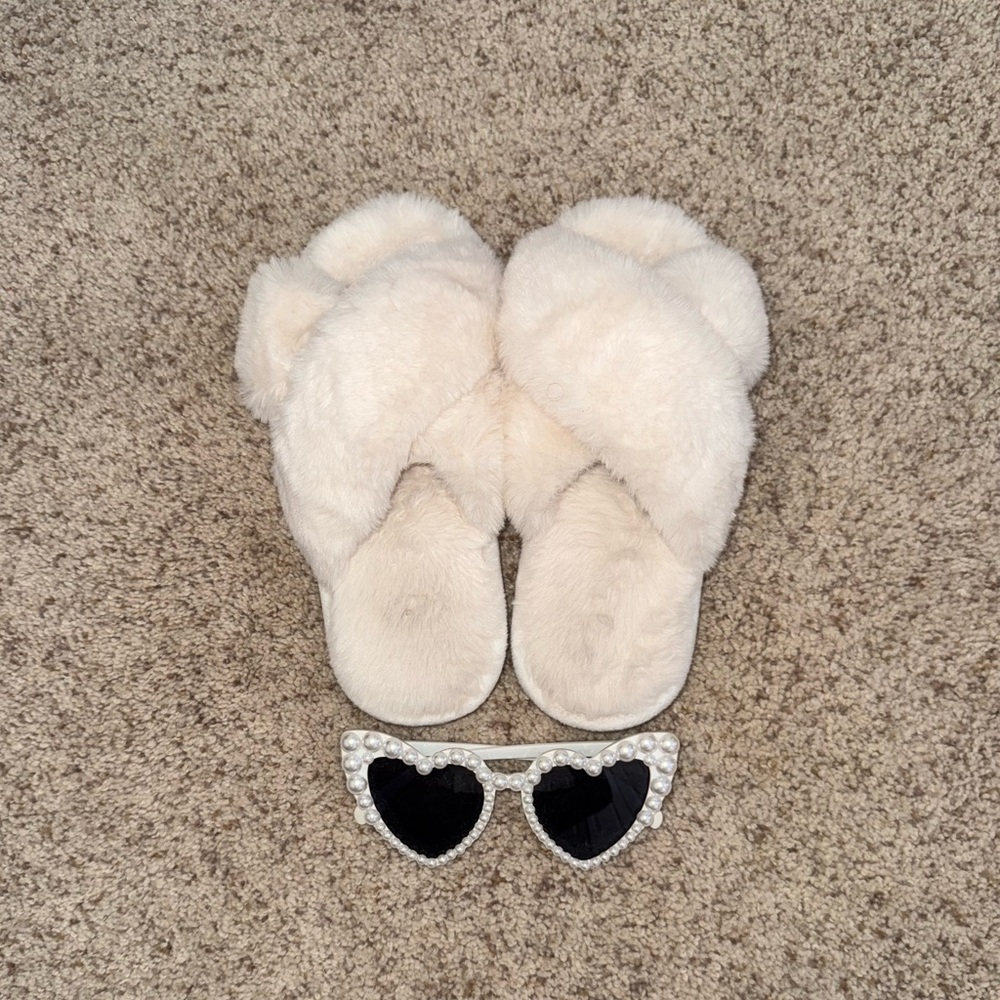 White Fuzzy Slippers with Heart Sunglasses